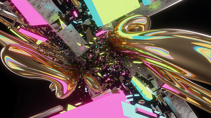 Abstract render with golden shapes and colorful geometric fragments