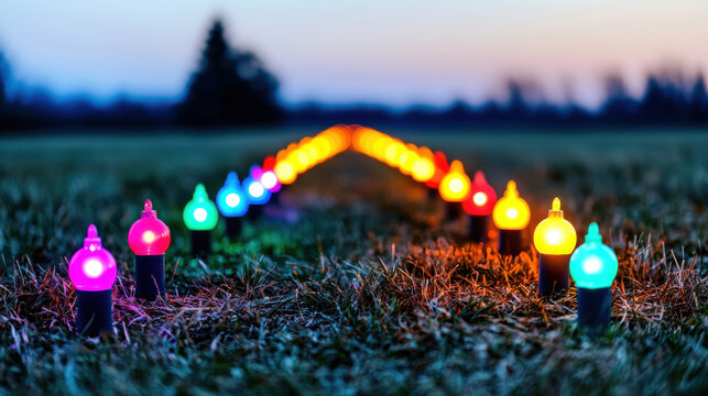 Christmas lights glow in vibrant colors on grass at dusk creating festive outdoor holiday atmosphere with joyful mood
