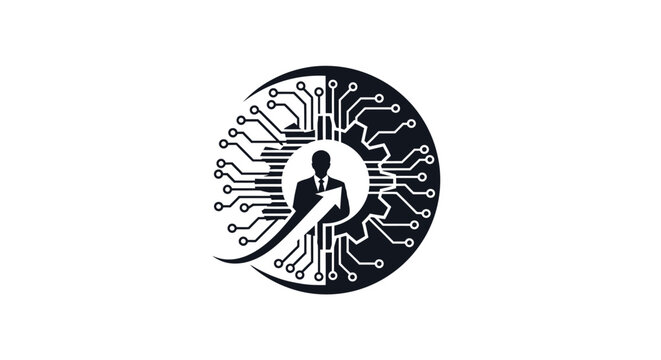 A stylized circular logo depicting a businessman silhouette within a circuit board pattern, symbolizing technology and business growth.