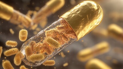 graphic of a probiotics capsule dissolving in water. As it dissolves, tiny animated figures of beneficial bacteria emerge, swimming toward a stylized depiction of the digestive tract, actively 
