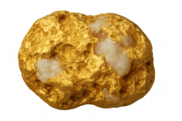Gold nugget appearing with raw texture and embedded quartz on transparent background, symbolizing wealth and investment