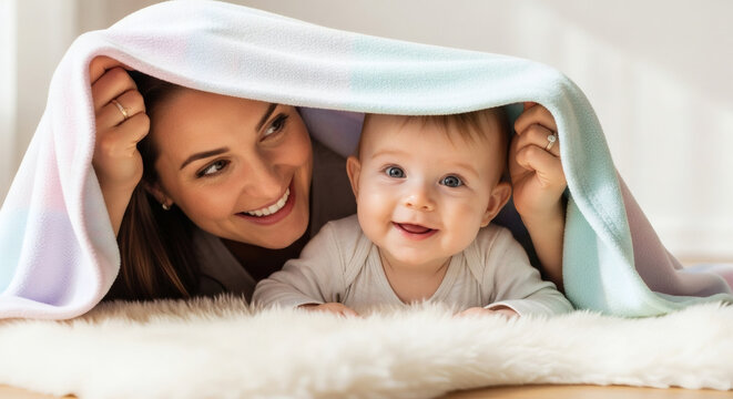 A happy mother kneels, clapping and smiling, as her baby takes its first steps in a bright living room.