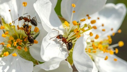 Close-up macro photograph revealing ants traversing white flower petals with yellow stamens. Focus is on insect life