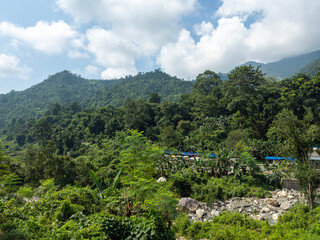 beautiful landscape photography of a town and clouds, sky, hills bridge, river and a path around a park clean unique and latest