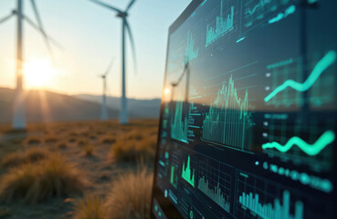 Digital screen shows data analysis graphs, charts near wind turbines at sunset. Tech interface monitors wind power generation, efficiency, green energy output. Future clean power monitoring system.