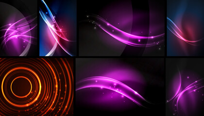 Bright neon lines, curves, circles create abstract backgrounds. Vivid colors dominate dark space. Modern design elements present. © antishock