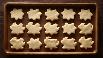 A flat lay of cookie dough shapes before baking, clean and symmetrical arrangement on tray