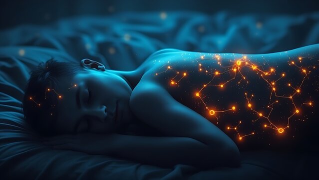 Sleeping figure with glowing mitochondria constellations beneath their skin.