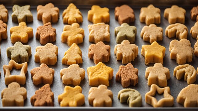 A flat lay of cookie dough shapes before baking, clean and symmetrical arrangement on tray - Powered by Adobe