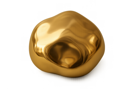 Molten gold liquid metal abstract shape with fluid reflective texture creating an organic luxurious material on transparent background