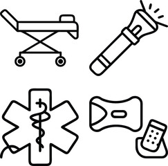 WebColorful Patient Transport, Stretcher Trolley, Emergency Medical Services, and Hospital Equipment Vector Icons Set
