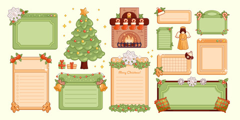 Fototapeta premium Christmas holiday backgrounds, cute illustrations and cards with symbols of the celebration, pine tree, computer windows and papers with reminders and places for greetings. Stickers, vector design.