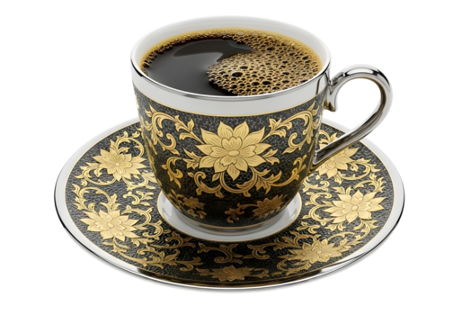 Ornate coffee cup and saucer filled with hot coffee isolated on transparent background