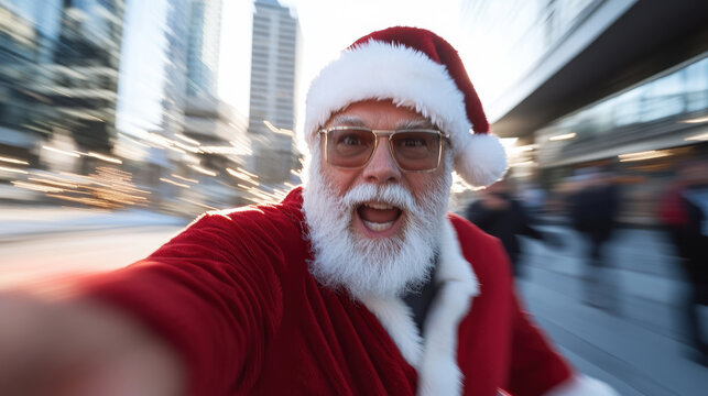 A joyful Santa Claus is seen waving cheerfully while out in the city, dressed in traditional red and white attire, embodying the holiday spirit with exuberance and joy. - Powered by Adobe