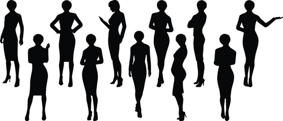 Businesswomen silhouette poses illustration, elegant female figures, professional standing gestures, corporate women outline art, vector fashion posture collection