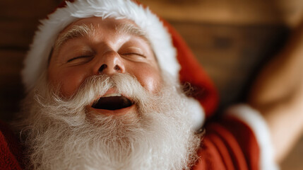 Santa Claus, with a warm and joyful expression, is captured laughing heartily with his eyes closed, exuding happiness and the essence of holiday cheer in a cozy setting.