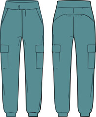 Cargo jogger pants front and back technical drawing, fashion flat sketch illustration, apparel design template for clothing designers and garment manufacturers