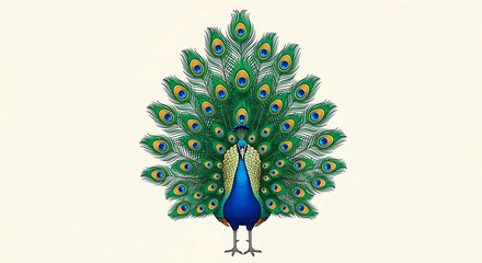 Illustration of a Vibrant Peacock with Fully Spread Feathers on Beige Background
