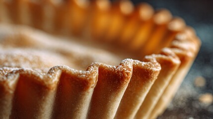 A golden pie crust with crimped edges, close-up macro texture, editorial baking shot