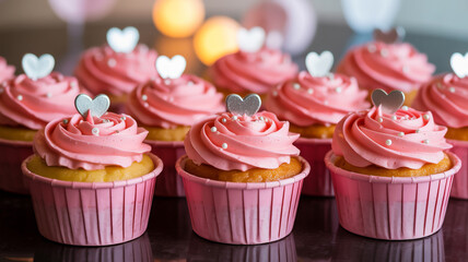Sweet pink frosted cupcakes with heart toppers, festive dessert