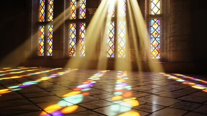 Sunlight streaming through stained glass windows casting colorful patterns on the floor. - Powered by Adobe