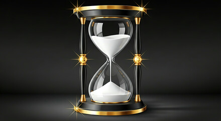 Elegant black and gold hourglass with white sand on dark background