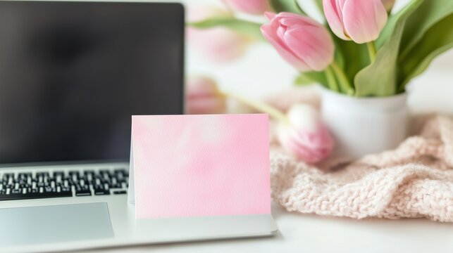 Blank greeting card on laptop with pink tulips and cozy knit blanket in stylish interior