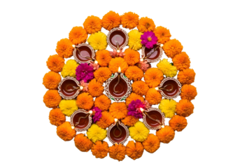 Rangoli decoration with diyas and flowers isolated on transparent background
