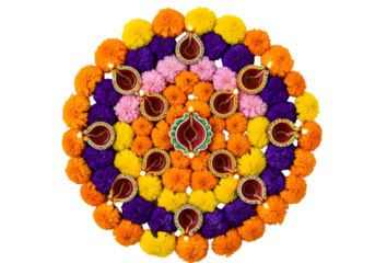 Rangoli decoration with diyas and flowers isolated on transparent background