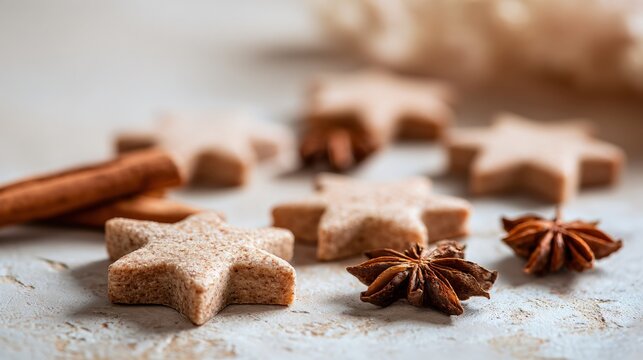 A homemade cinnamon star cookies scattered on stone surface, minimal props, soft beige background