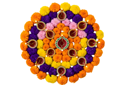 Rangoli decoration with diyas and flowers isolated on transparent background