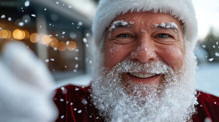 A cheerful Santa Claus wearing a festive hat, smiling broadly amidst falling snow, embodying joy and the spirit of giving, symbolizing the warmth of holiday festivities in winter.