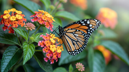 Obraz premium Monarch butterfly perching on colorful lantana flowers in garden