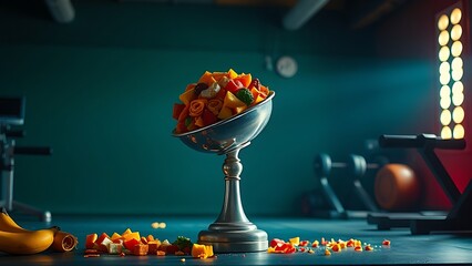 A scale tips violently as colorful junk food overwhelms exercise equipment under dramatic chiaroscuro lighting.