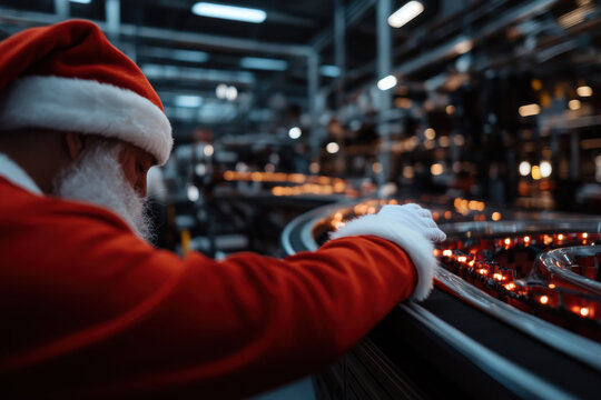 An industrious Santa Claus diligently overlooking a busy workshop filled with twinkling lights, representing hard work and dedication in the spirit of Christmas gift-making and joy.