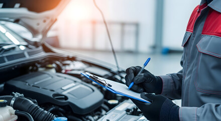 A mechanic is inspecting a car engine and writing on a clipboard, ensuring vehicle safety and performance with detailed notes and careful attention to detail.