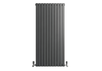 Modern grey vertical radiator with multiple tubes isolated on transparent background