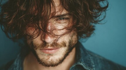 A blend of fashion and positivity: the modern man's charismatic aura. Scifi poster. The idealistic persona: an elegant portrait in denim's simplicity. Promotional poster. Blockbuster art.