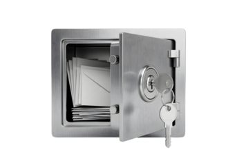 Open metal safe with key isolated on transparent background