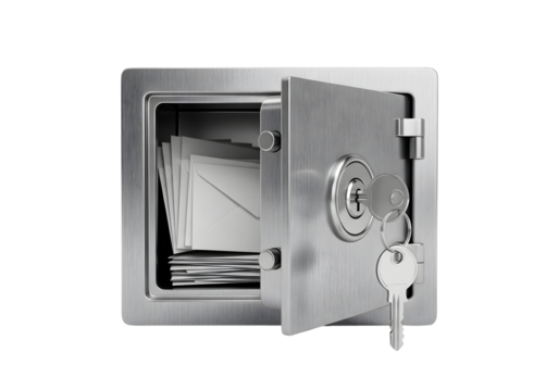 Open metal safe with key isolated on transparent background