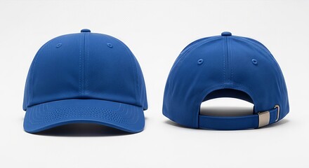 Blue baseball cap front and back view isolated on a light gray background.