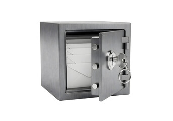Open metal safe with key isolated on transparent background