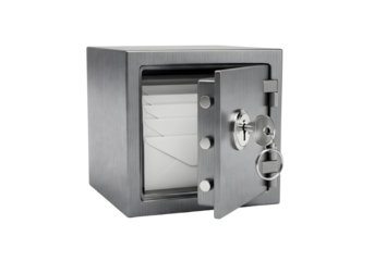 Open metal safe with key isolated on transparent background