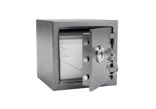 Open metal safe with key isolated on transparent background