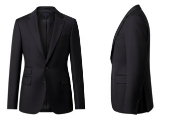 Classic black blazer jacket front and side view isolated on transparent background