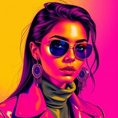 illustrative portrait of young woman, with stylized long hair, sunglasses and large earrings, in vibrant colors