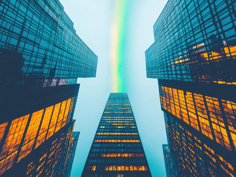 Skyscraper cityscape with glowing windows and vibrant christmas rainbow sky creates festive urban atmosphere at night