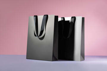 Black paper glossy shopping bag mockup with black handles	
