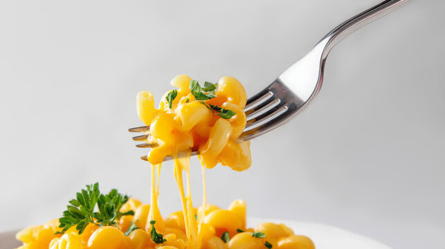 Delicious macaroni and cheese on a fork, showcasing creamy texture and vibrant color, garnished with fresh parsley, perfect for comfort food lovers and culinary enthusiasts
