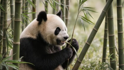 Fototapeta premium Giant Panda Eating Bamboo in Lush Green Forest Habitat.